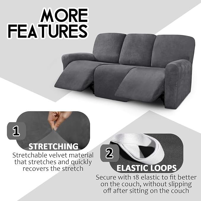 ULTICOR Velvet 8-Pieces Recliner Sofa Covers Stretch Reclining Couch Covers - Image 4