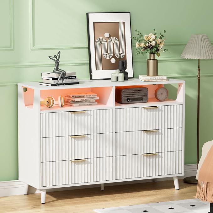 VINGLI Fluted White Dresser, Led Dresser 6 Drawer by VINGLI