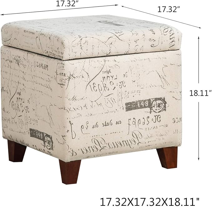 Adeco Fabric Script Pattern Cube Storage Footstool, Hinged Lid, Solid Wood Legs - Image 3
