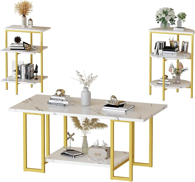 AWQM Faux Marble Table Set, Coffee Table & 2 Side Table, Faux Marble Tabletop - Image 9