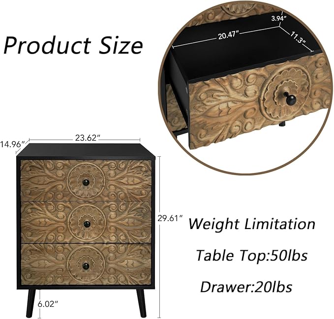 Carved Black Wood Nightstand, 3 Drawers Accent Cabinet, Vintage End Table - Image 3