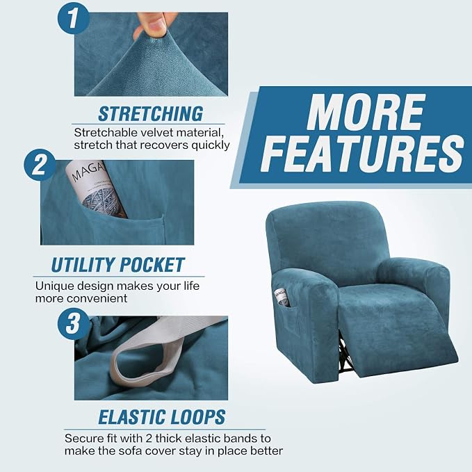 H.VERSAILTEX Velvet Stretch Recliner Couch Covers 4-Pieces Style Recliner Chair - Image 4