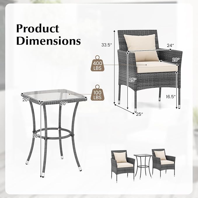 Tangkula 3-Piece Patio Furniture Set, PE Wicker Conversation Bistro Set w/A - Image 8
