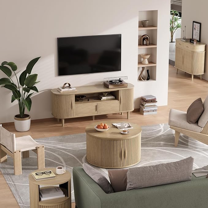 JOINICE 31.5" Round Lift Top Coffee Table, Natural Oak Modern Fluted Drum - Image 7