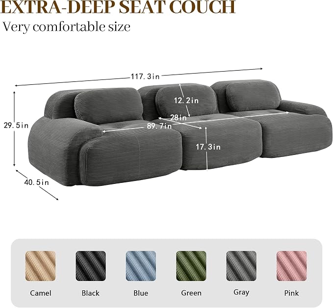 Boneless Sectional Couch, No Assembly Required, 117.3” Modular Cloud Sofa - Image 3