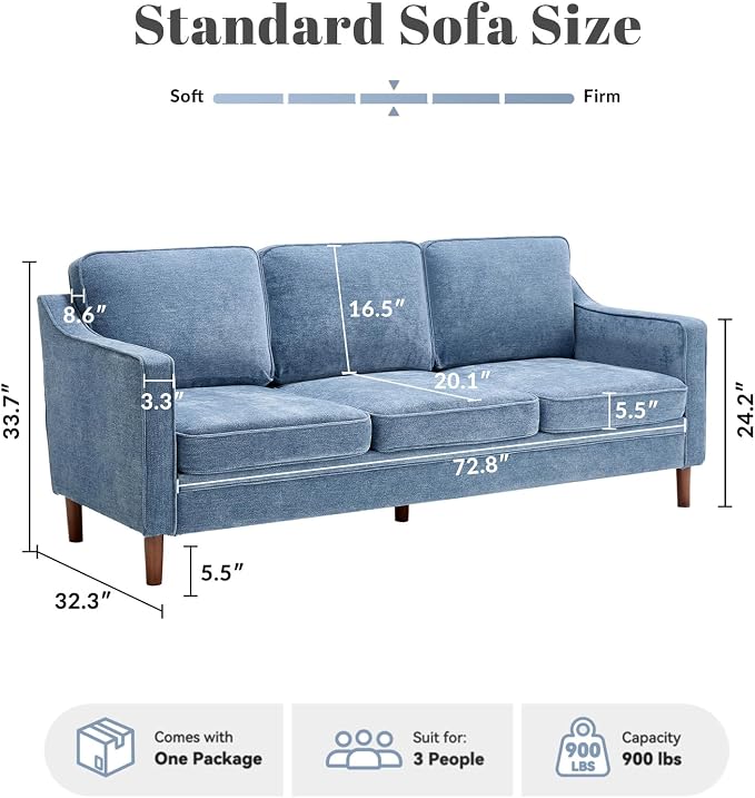 Kingfun 80" Chenille Sofa, 3 Seater Couch, Mid Century Modern Couches - Image 2