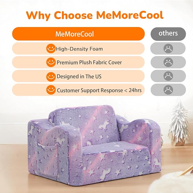 MeMoreCool Glowing Lavender Unicorn Kids Chair, 2-in-1 Convertible Kids Couch - Image 6