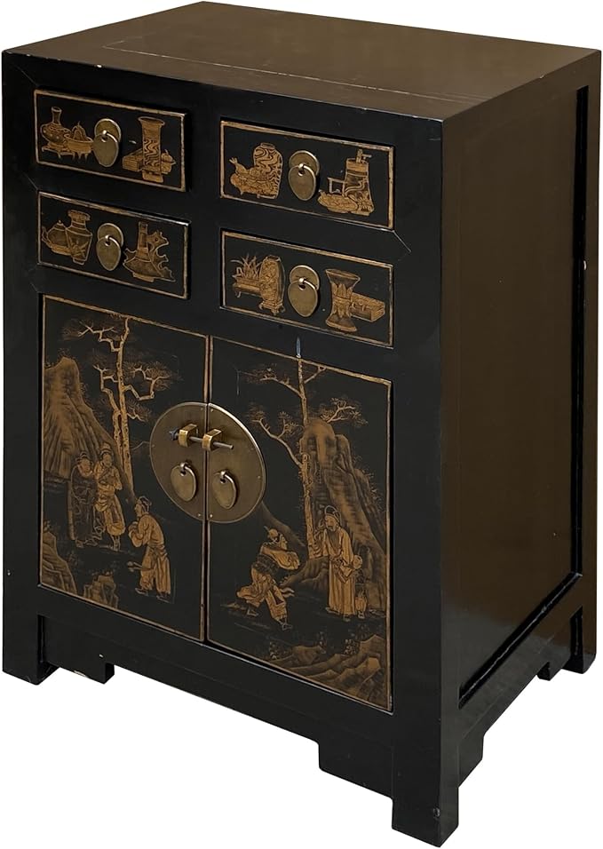 Vintage Oriental Distressed People Golden Graphic Black Side Table Cabinet - Image 4