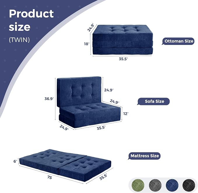 MAXYOYO 6" Folding Sofa Bed for Floor, Tufted Tri-Fold Floor Mattress - Image 2