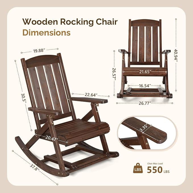 VINGLI Wooden Porch Rocking Chair, Heavy Duty Outdoor Rocking Chair - Image 6
