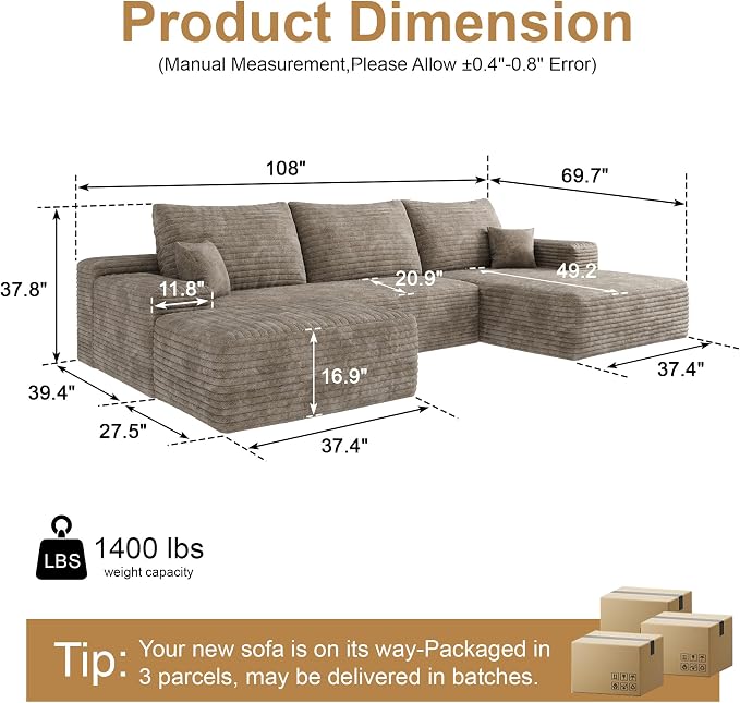 108" Sectional Couches for Living Room Cloud Couch Sofa - Image 2
