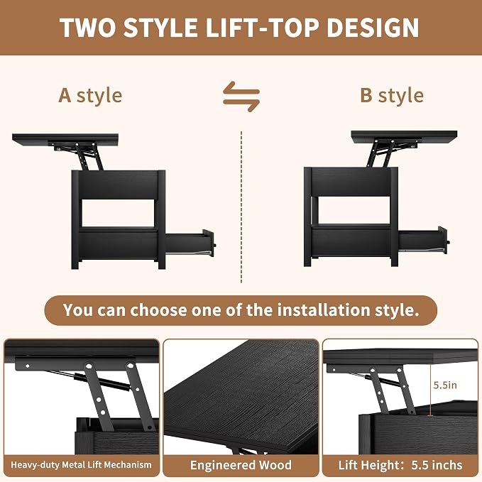 SYESWAY 42'' Lift Top Coffee Table, 4-in-1 Multifunctional Lift Coffee Table - Image 4