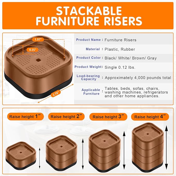 Furniture Risers Adjustable Bed Risers Heavy Duty Lifts Height 2", Square - Image 2