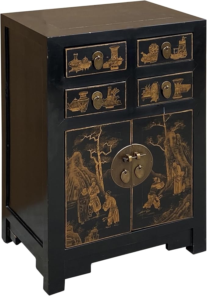 Vintage Oriental Distressed People Golden Graphic Black Side Table Cabinet - Image 3