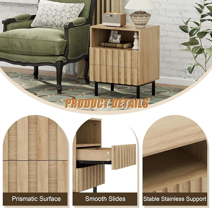 UEV Mid Century Modern Fluted Nightstand Set of 2, 2 Drawers End Table - Image 6
