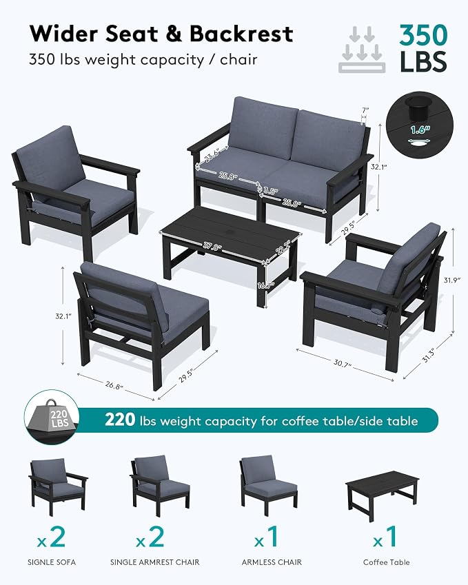 SERWALL HDPE Patio Conversation Set, 6-piece Sectional Outdoor Furniture Set - Image 2