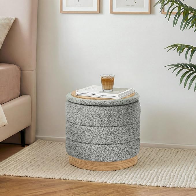 Round Storage Ottoman with Reversible Tray Lid, Folding Chenille Fabric - Image 2