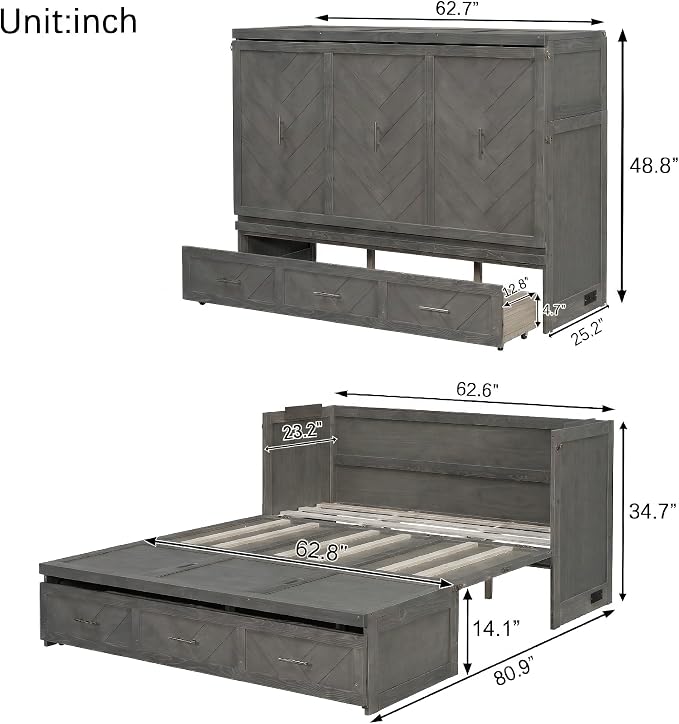 KEIKI Queen Murphy Bed Cabinet Charging Station & Geometrical Panel, Pine Wood - Image 2
