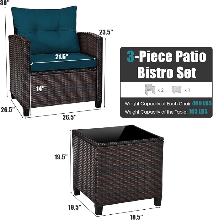 COSTWAY 3PCS Patio Furniture Set, PE Rattan Wicker Sofa w/Washable Cushion and - Image 5
