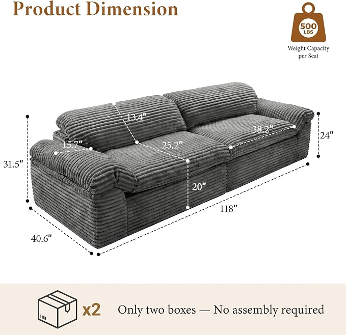 Vesgantti 118" Modular Sectional Couch, Comfy Corduroy Upholstered Cloud Couches - Image 2