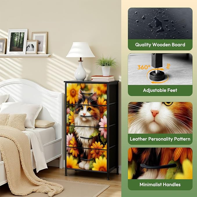 Dresser for Bedroom Calico Cat Surrounded by Bright Sunflowers Daisies Garden - Image 6
