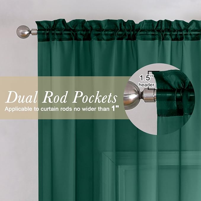 Lecloud Hunter Green Sheer Curtains 63 Inch Length 2 Panels Set, Voile Solid - Image 2