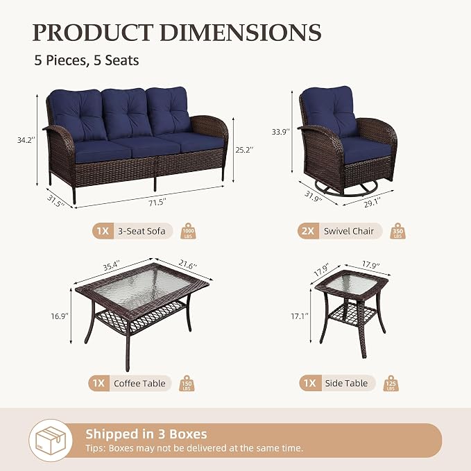 UPHA 5 Pieces Patio Furniture Sets, Wicker Outdoor 3-Seat Sofa Set - Image 2