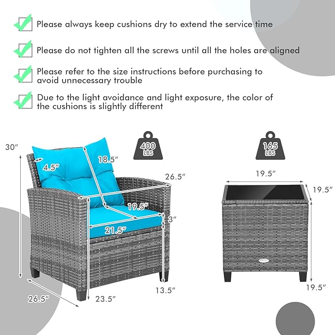 HAPPYGRILL 3 Pieces Patio Conversation Set, Outdoor Furniture Set PE Rattan - Image 7