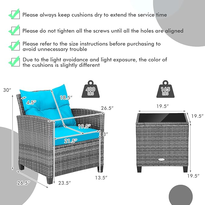 COSTWAY 3PCS Patio Furniture Set, PE Rattan Wicker Sofa w/Washable Cushion and - Image 4