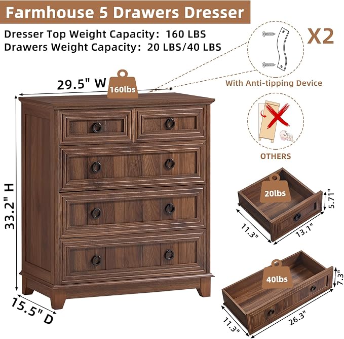 Joaxswe Farmhouse 5 Drawer Dresser - Image 2