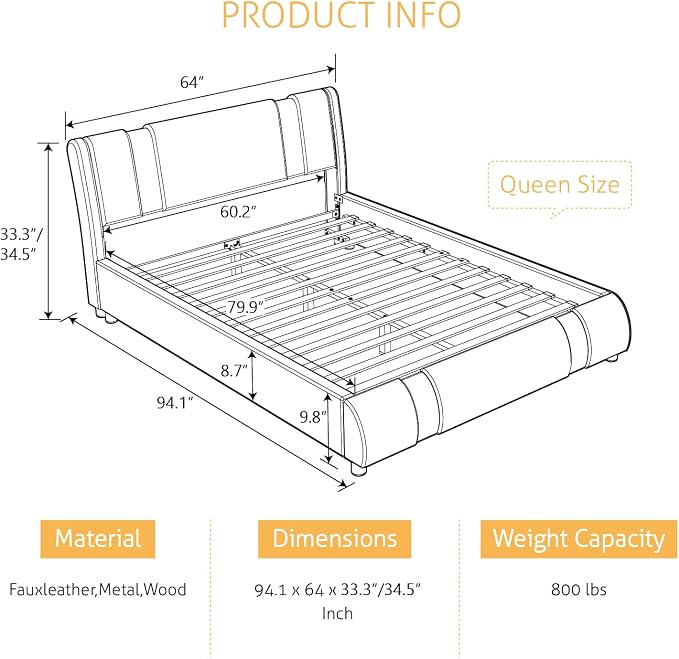 SHA CERLIN Modern Faux Leather Queen Bed Frame - Image 2