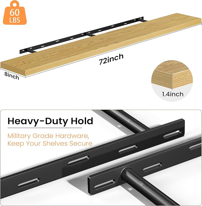 Fun Memories Floating Shelves for Wall, 72 Inch Long Set of 2 Rustic Wood Wall - Image 4