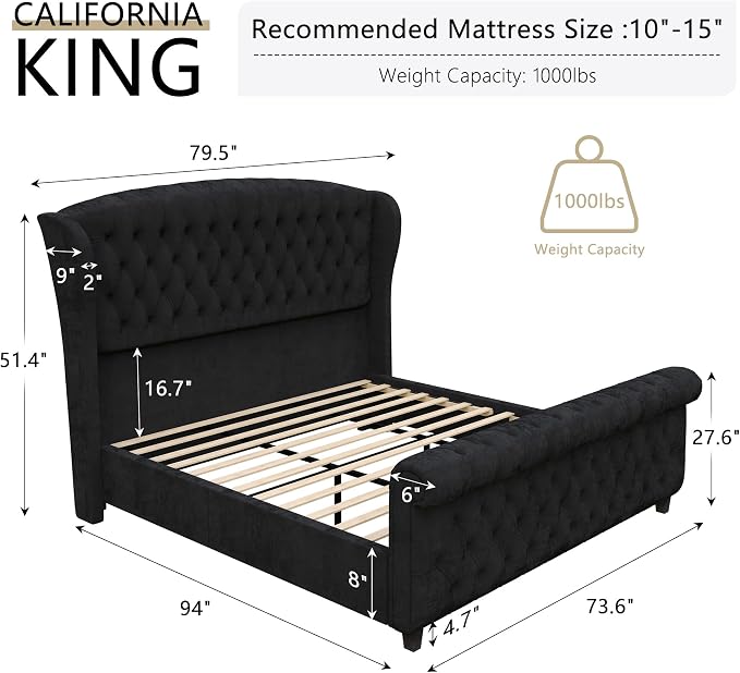 AMERLIFE California King Size Platform Bed Frame, Velvet Upholstered Sleigh Bed - Image 2