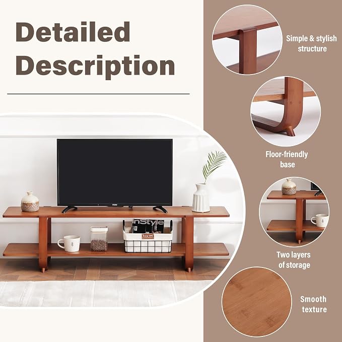 Welnow Low Bamboo TV Stand for Up to 65 Inch, Small Mid Century Modern - Image 4