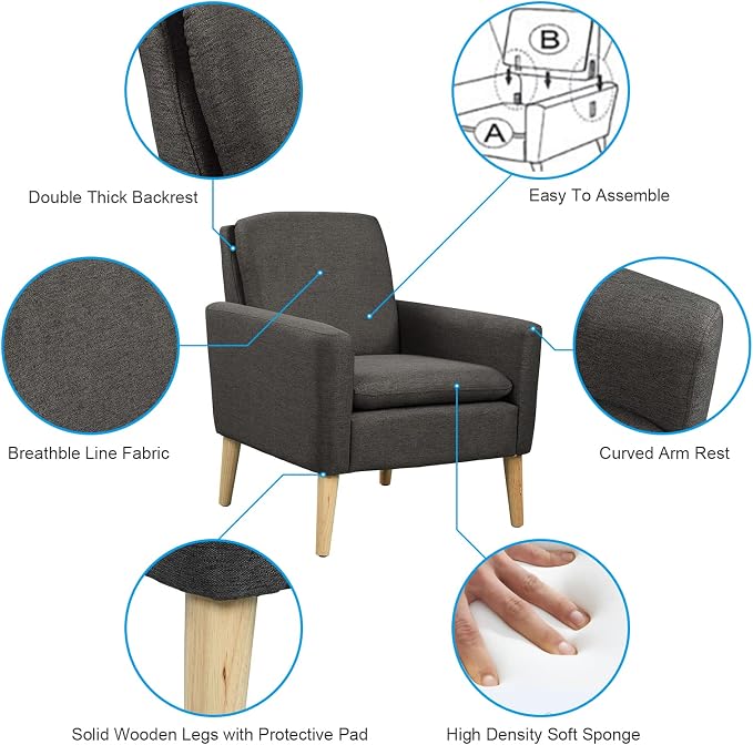 Modern Accent Chair for Living Room, Comfy Upholstered Linen Fabric Single Sofa - Image 6