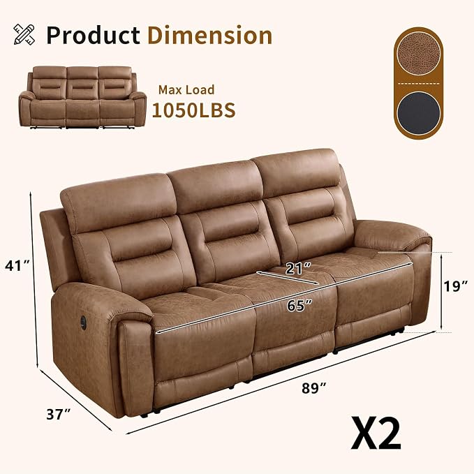 ANJ Power Oversized Reclining Sofa Couch Set of 2, Breathable Faux Leather - Image 2