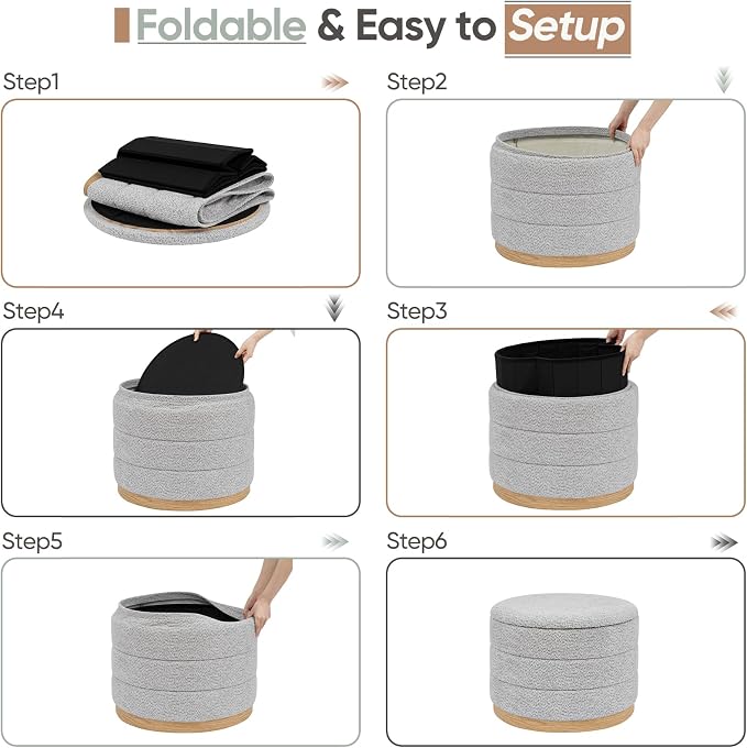 Round Storage Ottoman with Tray Lid, Folding Chenille Fabric Footrest with - Image 7