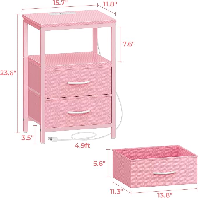 Huuger Nightstand with Charging Station, Side Table with Fabric Drawers - Image 3