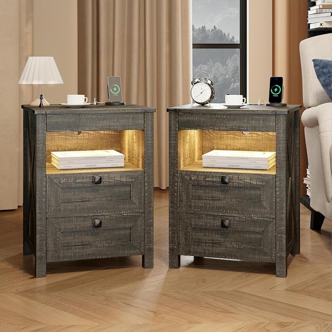 HWB Nightstands Set of 2 with Hidden Drawer, Farmhouse Bedside Table with by HWBEnjoywarmhome