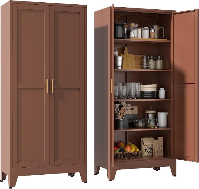 YAUWOH 71''Metal Cabinet with 4 Adjustable Shelves, 5-Tier Pantry Storage by Unknown