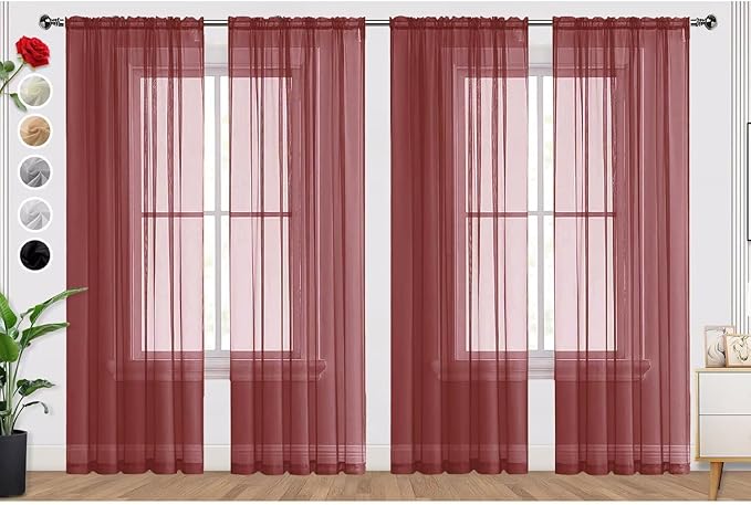 SpaceDresser Burgundy Sheer Curtains 4 Panels Rod Pocket Semi-Sheer Curtain 63 by SpaceDresser