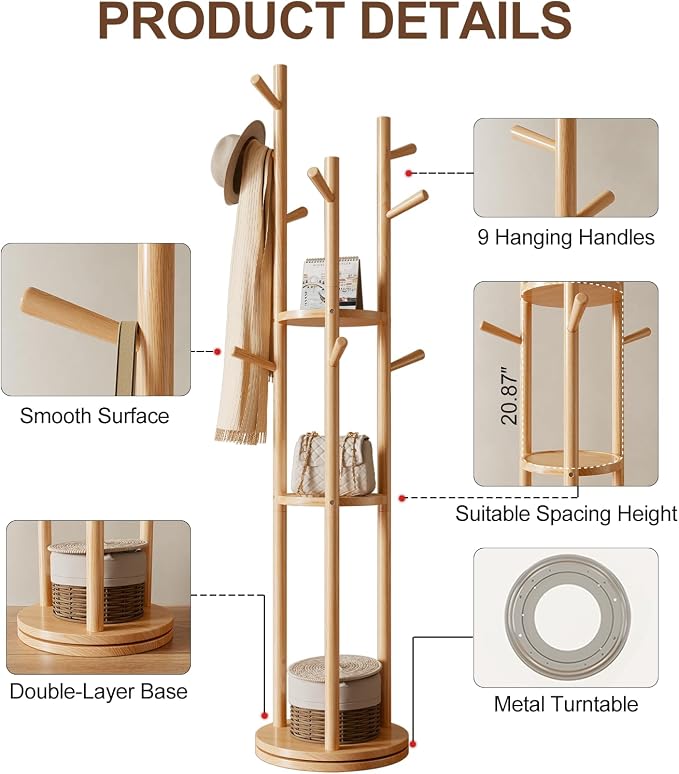 Muwuele Solid Wood Rotary Coat Rack, Freestanding Coat Rack - Image 5