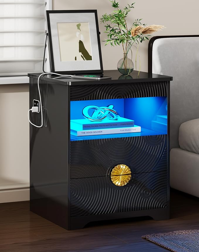 Modern Nightstand Set 2 with Gun Drawer, Bedside Table with 3-Color LED Lights - Image 2