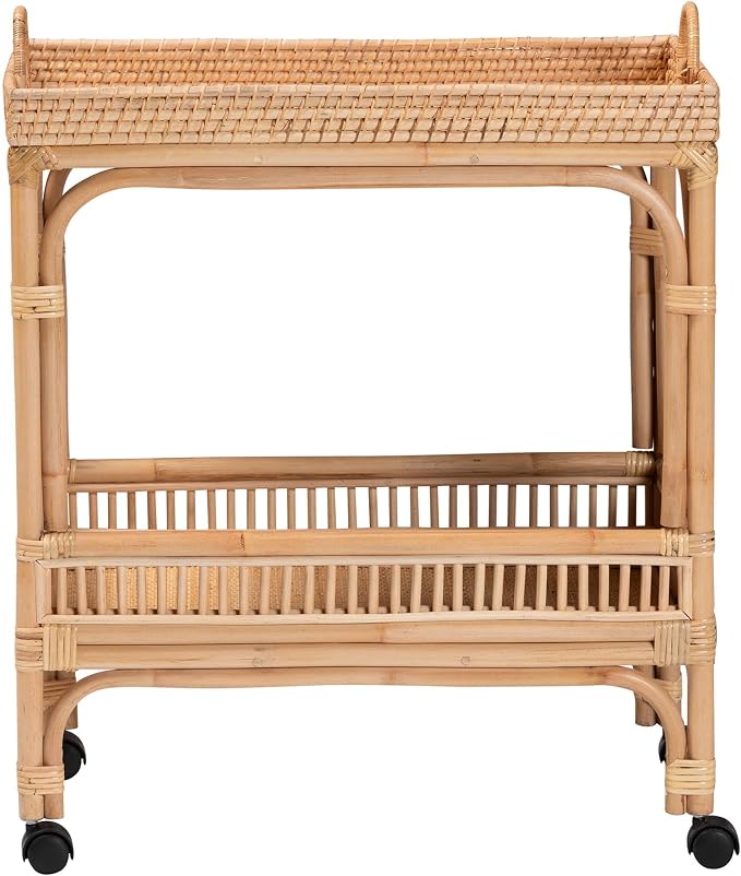 Bali & pari Lombok Modern Bohemian Natural Rattan 2-Tier Wine Cart - Image 2