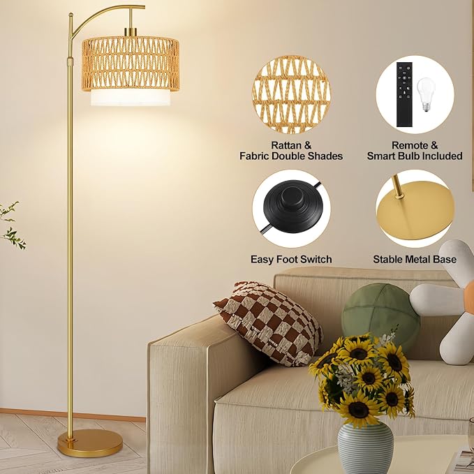 Gold Floor Lamps for Living Room Rattan Boho Floor Lamp - Image 5