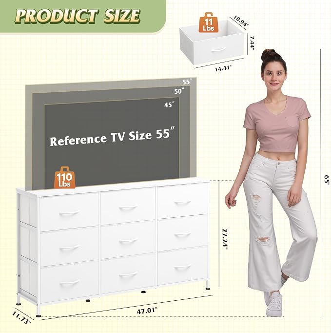 WLIVE 47''W Dresser for Bedroom, 55 inch TV, Wide Chest of Drawers - Image 3