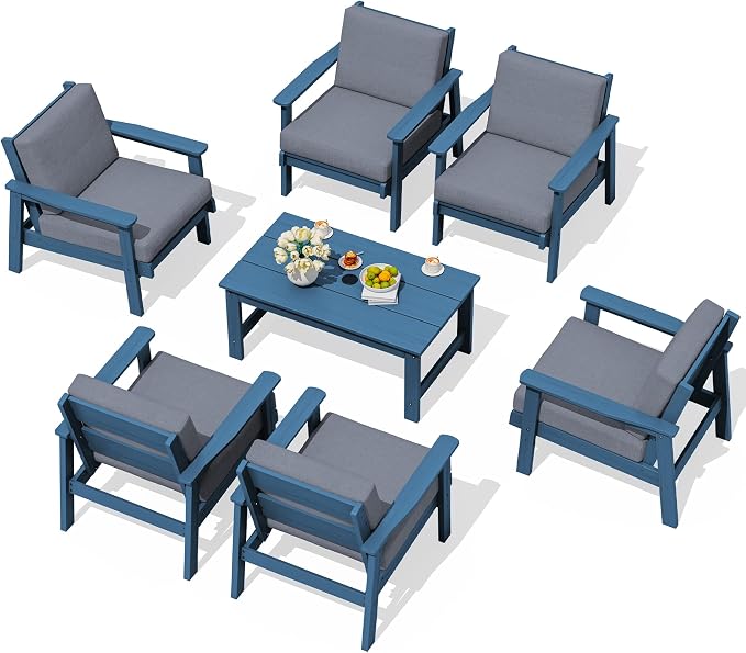 SERWALL HDPE Outdoor Furniture Set, 7 Piece All Weather Wood-Like Outdoor Sofa by SERWALL
