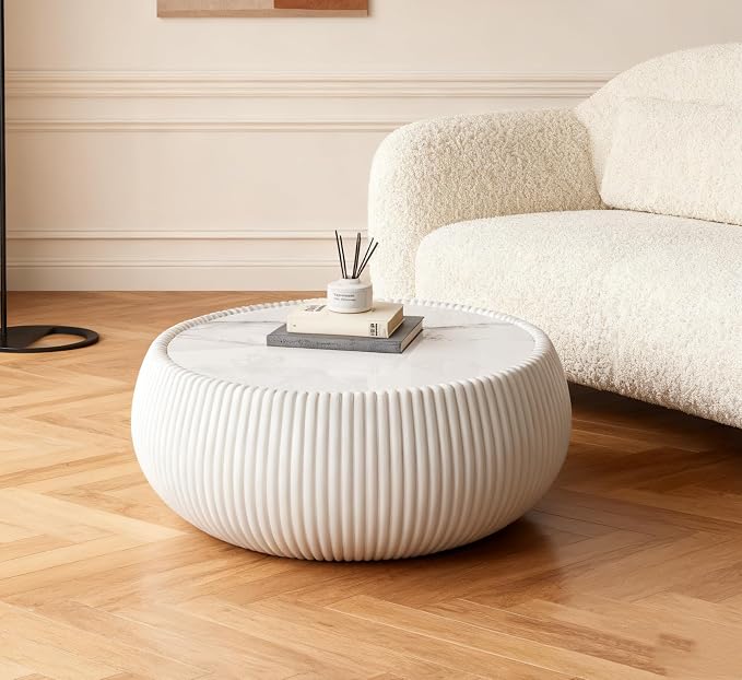 SSLine Round Drum Coffee Table Modern Sintered Stone Top Coffee Table in Cream - Image 4
