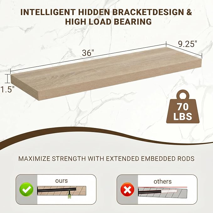 Acovy 36 Inch Floating Shelves, 3D Textured Wood Grain, Wooden Shelves - Image 3
