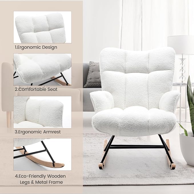 SAETSFEG Rocking Chair Nursery Teddy Upholstered Glider Rocker Rocking Accent - Image 6